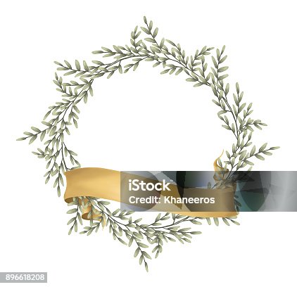 istock Green leaves wreaths with golden ribbon for your text. Wedding invitation. 896618208