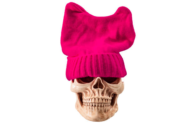 Skull wearing a pussyhat isolated on white Tough and scary liberal feminist concept with a skull wearing a pink pussy hat isolated on white clipping path uncompromising stock pictures, royalty-free photos & images