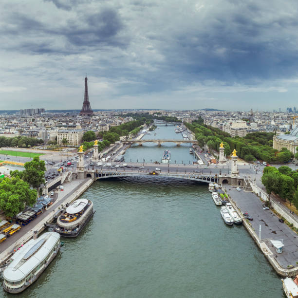 Aerial view of Paris with Eiffel tower and Seine river