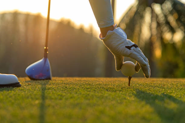 asiatische frau hand aufstellen golfball auf tee mit club golfplatz am abend und sonnenuntergang ein für gesunden sport.  lifestyle-konzept - golf golf ball tee green stock-fotos und bilder