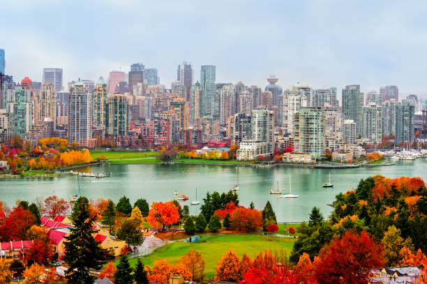 colorful autumn landscape of a modern city by the river colorful autumn landscape of a modern city with yachts and skyscrapers by the river vancouver stock pictures, royalty-free photos & images