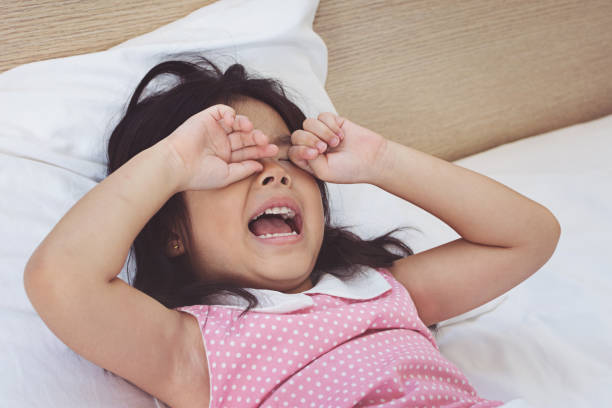 istock Asian little girl crying on bed 896686974