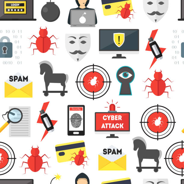 ilustrações, clipart, desenhos animados e ícones de desenhos animados cyber crime segurança sem costura de fundo. vector - hacked laptop cracked computer bug