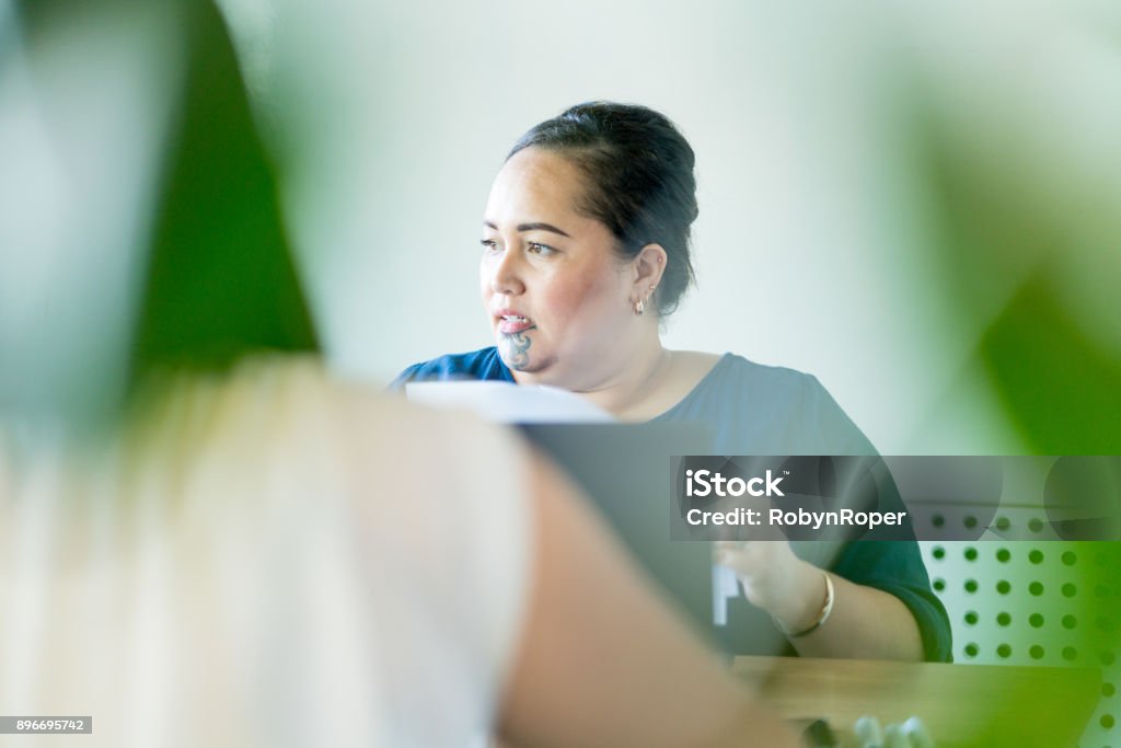 Photo Hui Business Group Shoot Young Maori businesswoman in office setting having discussion with colleague Māori People Stock Photo