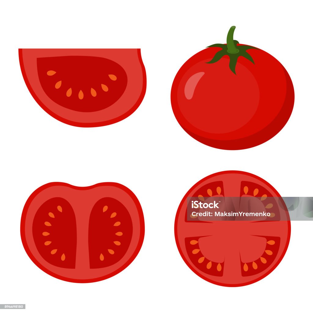 set with tomato set of red ripe tomatoes isolated on background, group of whole, slice, half of a tomato fruit Tomato stock vector