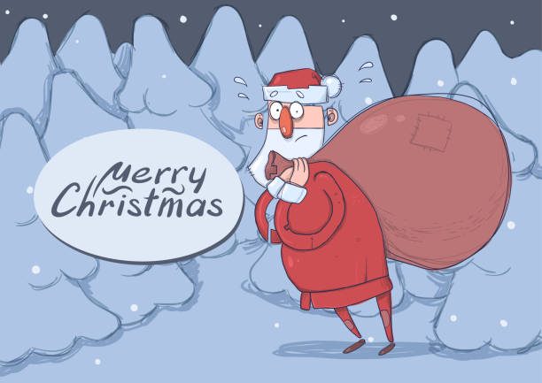Christmas card of funny Santa Claus with big bag of gifts in the night snowy spruce forest. Santa looks lost and embarrassed. Horizontal vector illustration. Cartoon character. Lettering. Copy space. Christmas card of funny Santa Claus with big bag of gifts in the night snowy spruce forest. Santa looks lost and lost. Horizontal vector illustration. Cartoon character. Lettering. Copy space. lost in space stock illustrations