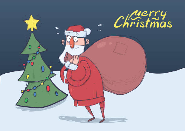 Christmas card of funny confused Santa Claus with big bag in front of decorated Christmas tree in the night. Santa looks lost. Horizontal vector illustration. Cartoon character. Lettering. Copy space. Christmas card of funny confused Santa Claus with big bag in front of decorated Christmas tree in the night. Santa got lost. Horizontal vector illustration. Cartoon character. Lettering. Copy space. lost in space stock illustrations