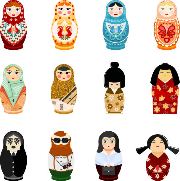 puppe matroschka vektor matrioshka russkiy toy traditionelle symbol russland nationalen matreshka verschiedener nationalitäten touristischen japanische arabische illustration isoliert auf weißem hintergrund - russian nesting doll babushka doll russian culture stock-grafiken, -clipart, -cartoons und -symbole