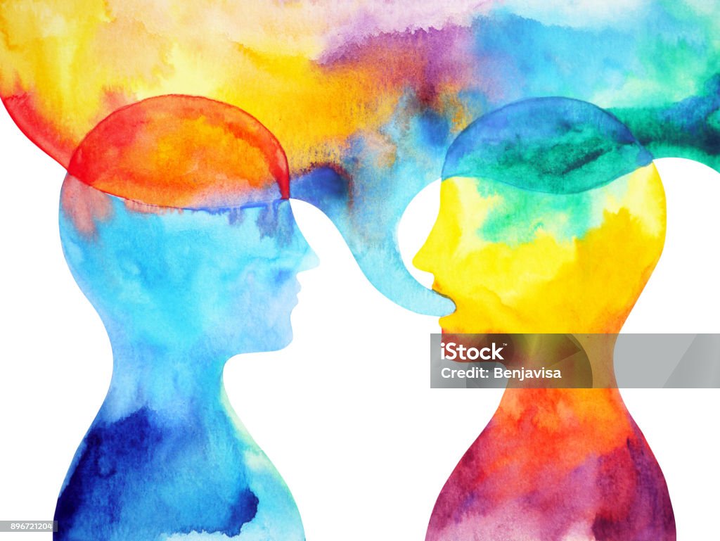 human speaking and listening power of mastermind together world universe inside your mind, watercolor painting hand drawn Listening stock illustration