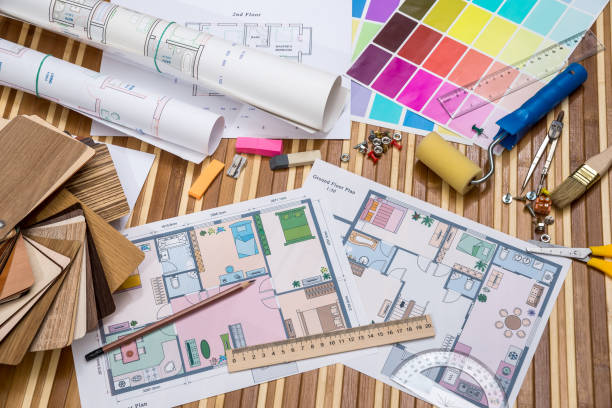 istock Architectural blueprint with wooden or paper samples and draw tools 896724104
