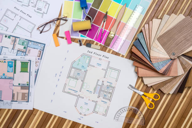 istock Architectural blueprint with wooden or paper samples and draw tools 896727068