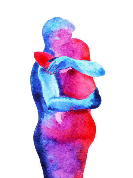 red, blue man, woman couple lover watercolor painting hand drawn with clipping path red, blue man, woman couple lover watercolor painting hand drawn with clipping path kissing illustrations stock illustrations