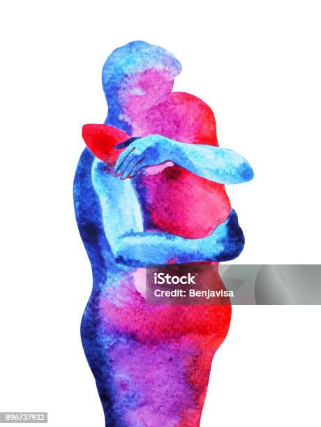 Red Blue Man Woman Couple Lover Watercolor Painting Hand Drawn With Clipping Path Stock Illustration - Download Image Now