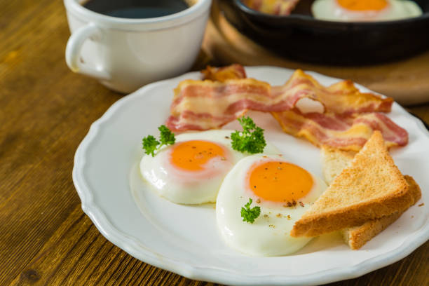 istock American breakfast with sunny side up eggs, bacon, toast, pancakes, coffee and juice 896742412
