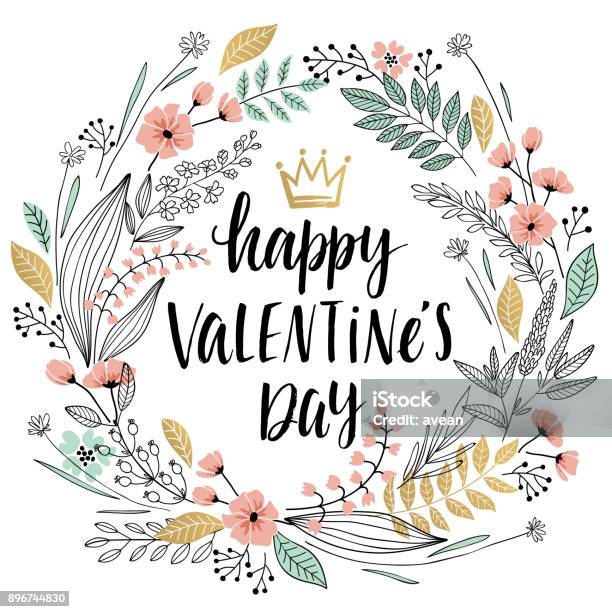 Valentines Day Callygraphic Wreath Hand Drawn Stock Illustration - Download Image Now - Flower, Valentine's Day - Holiday, Wreath