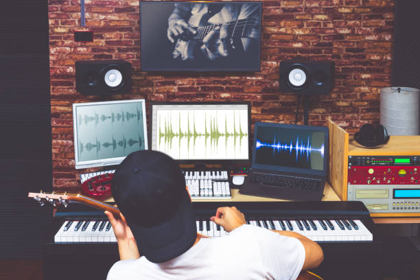 istock Two musicians jamming music through internet from different continents. Musician learning music lesson from internet. communication technology concept 896745194