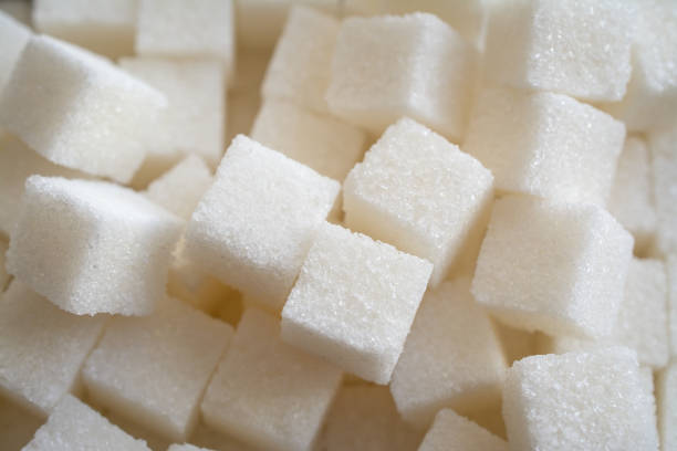 Close up shot of white refinery sugar. Food concept.