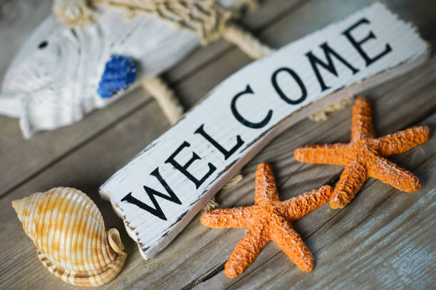 istock Welcome. Wooden aged gray background. 896749434