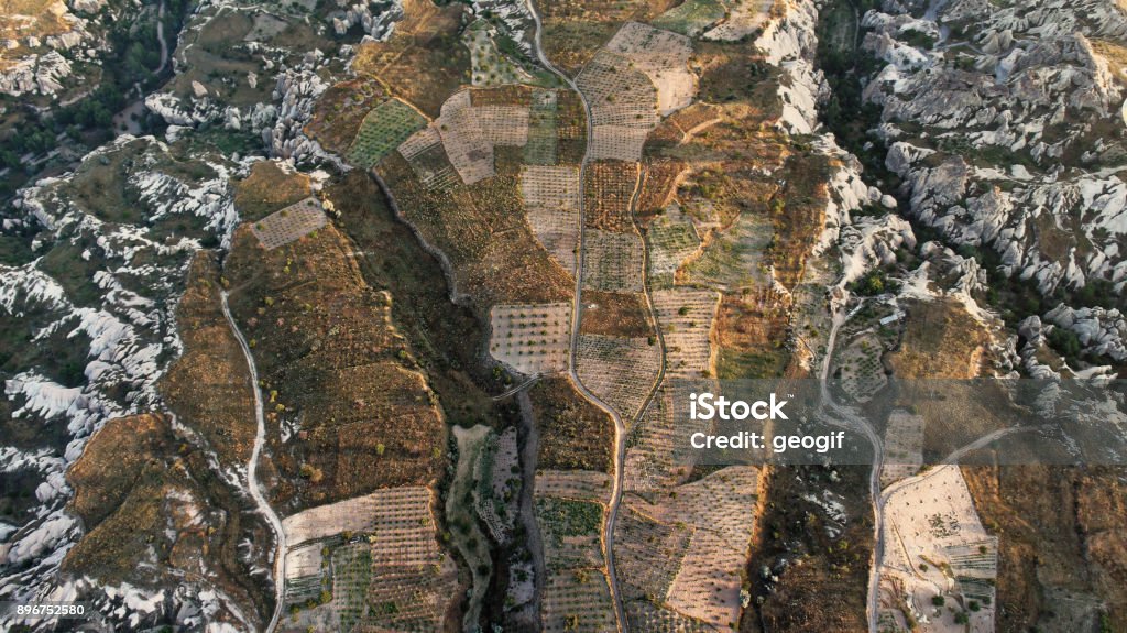 Aerial view of small vegetable fields between the craggy cliffs of Cappadocia, Anatolia, Turkey Aerial view of small vegetable fields between the craggy cliffs of Cappadocia, Anatolia, Turkey, from the hot air balloon Above Stock Photo