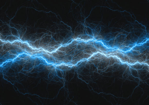 Blue lightning bolt, abstract plasma and power background stock photo
