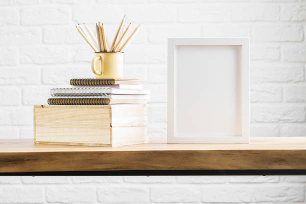 istock Desk with clean frame and supplies 896752978