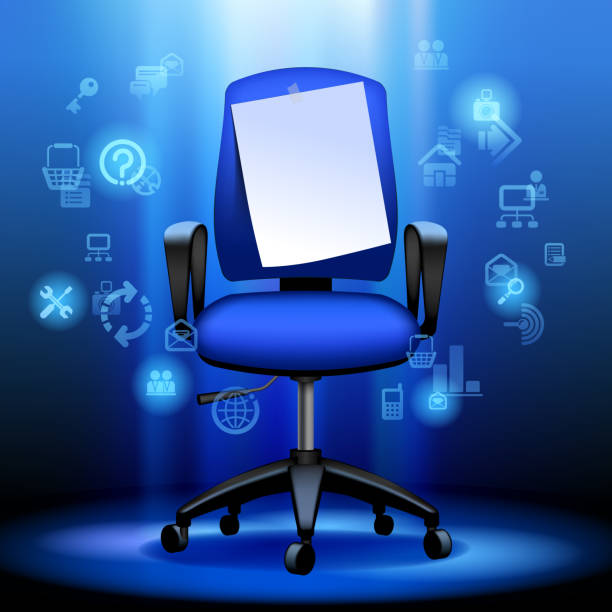 ilustrações, clipart, desenhos animados e ícones de cadeira de negócios com ícones de papel e internet de aviso iluminada no fundo azul escuro - outdoor chair illustrations