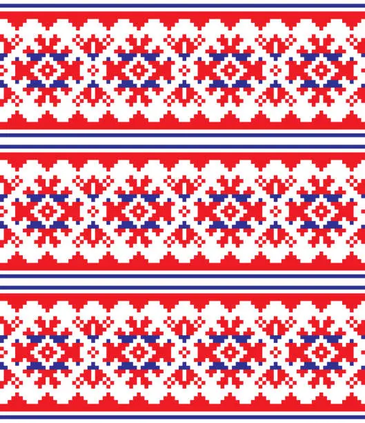 Vector illustration of Scandinavian, Nordic vector seamless pattern, Lapland long red and blue folk art design, Sami people traditional embroidery