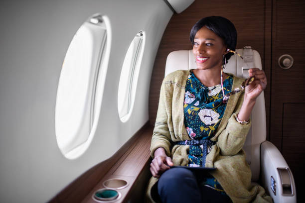 istock Woman in private jet airplane 896764502