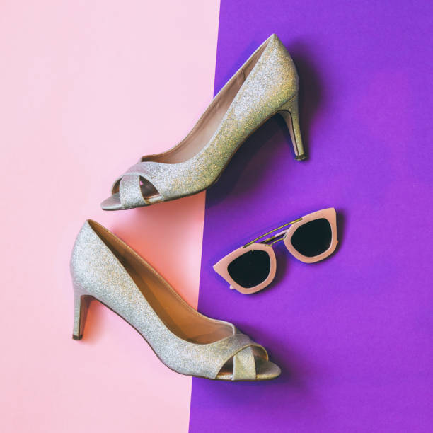 womens silver sparkle high heel shoes and sunglasses