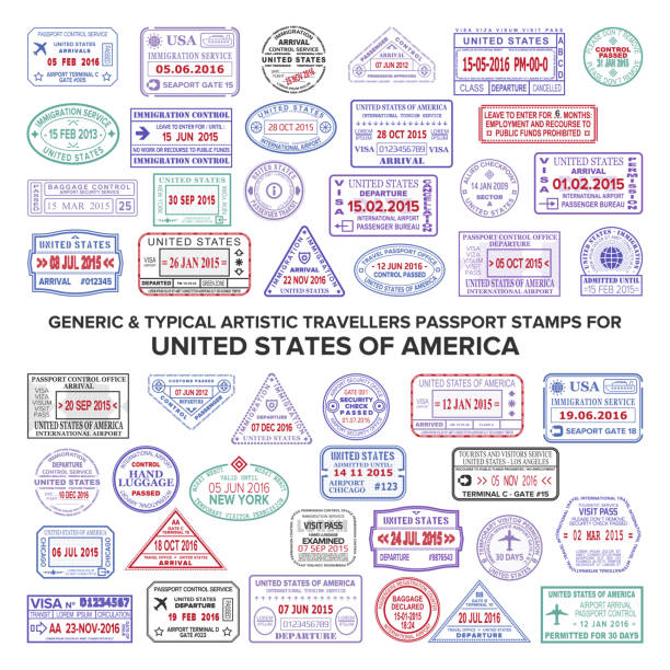 미국에 대 한 사용자 지정 벡터 전형적인 예술 여권 �도착 및 출발 우표 변형 설정 - passport passport stamp usa travel stock illustrations