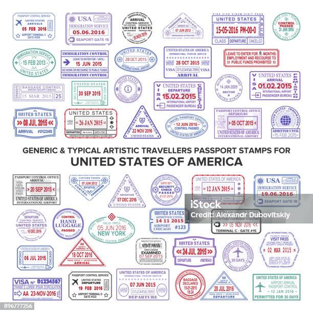 Custom Vector Typical Artistic Passport Arrival And Departure Stamps Variations Set For Usa Stock Illustration - Download Image Now