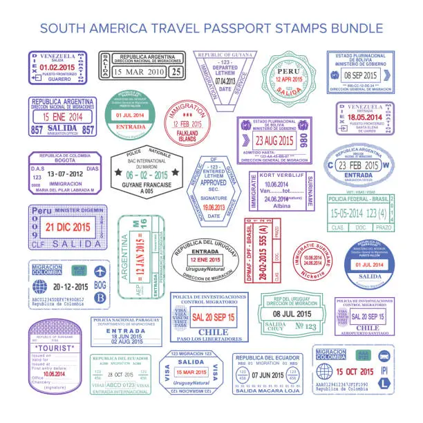 Vector illustration of Vector South America colour travel visa stamps set