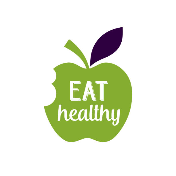 Eat Healthy Lettering on Bitten Apple Eat Healthy lettering on bitten apple. Promotion element. Handwritten and typed text, calligraphy. For logotypes, posters, leaflets and brochures. apple with bite out stock illustrations
