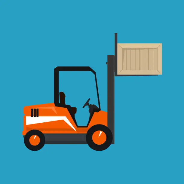 Vector illustration of Orange Forklift Lifted the Box Up Isolated