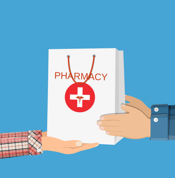 의료 약에 대 한 흰색 쇼핑백 - capsule pharmacy addiction antibiotic stock illustrations