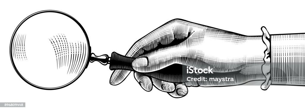 Woman's hand with an old magnifying glass Woman's hand with an old magnifying glass. Retro style search sign and icon. Vintage engraving stylized drawing. Vector illustration Magnifying Glass stock illustration