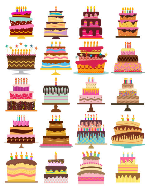 Set of twenty sweet birthday cakes with burning candles. Colorful holiday dessert. Vector celebration background.