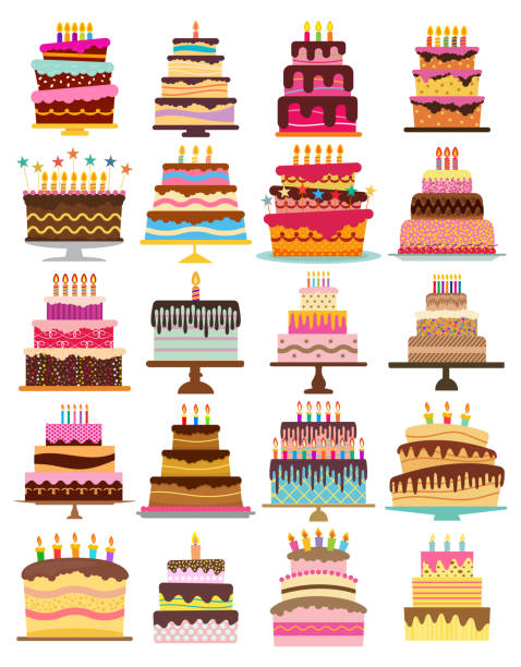 Set of twenty sweet birthday cakes with burning candles Set of twenty sweet birthday cakes with burning candles. Colorful holiday dessert. Vector celebration background. cake stock illustrations