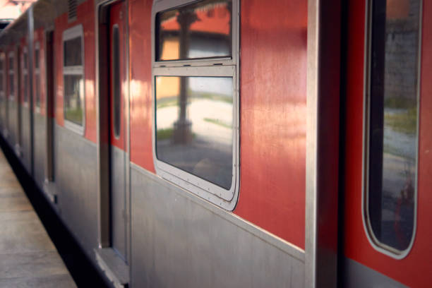 Red train wagon photographed in the city of São Paulo, Brazil. stock photo