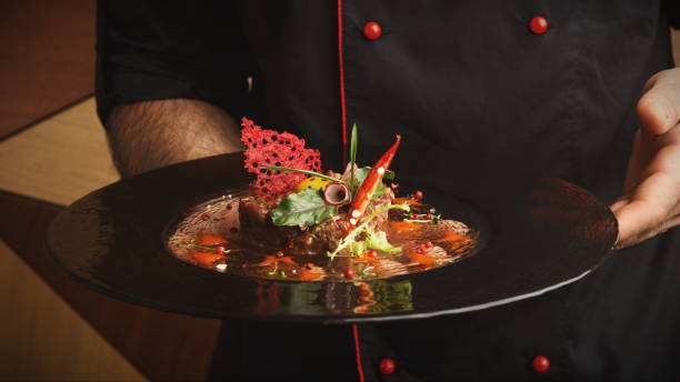 istock Modern restaurant dish. Veal tartare with quail egg 896836638
