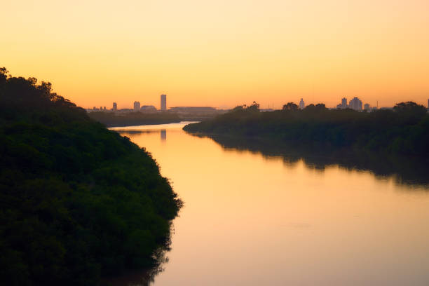 Sunset on the Cuiabá River, Mato Grosso, Brazil. stock photo