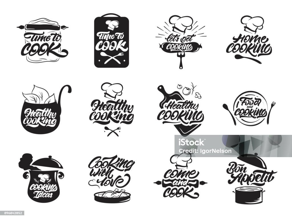 Ícones de cozinha conjunto. Cozinha saudável. Bon appetit. Ideia de cozinhar.  Cozinhar, chef, utensílios de cozinha ícone ou ícone. Ilustração em vetor letras manuscritas - Vetor de Logotipo royalty-free