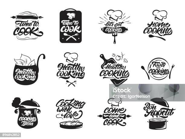 Vetores de Ícones De Cozinha Conjunto Cozinha Saudável Bon Appetit Ideia De Cozinhar Cozinhar Chef Utensílios De Cozinha Ícone Ou Ícone Ilustração Em Vetor Letras Manuscritas e mais imagens de Logotipo