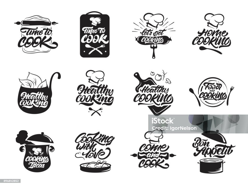 Cooking icons set. Healthy cooking. Bon appetit. Cooking idea.  Cook, chef, kitchen utensils icon or icon. Handwritten lettering vector illustration Logo stock vector