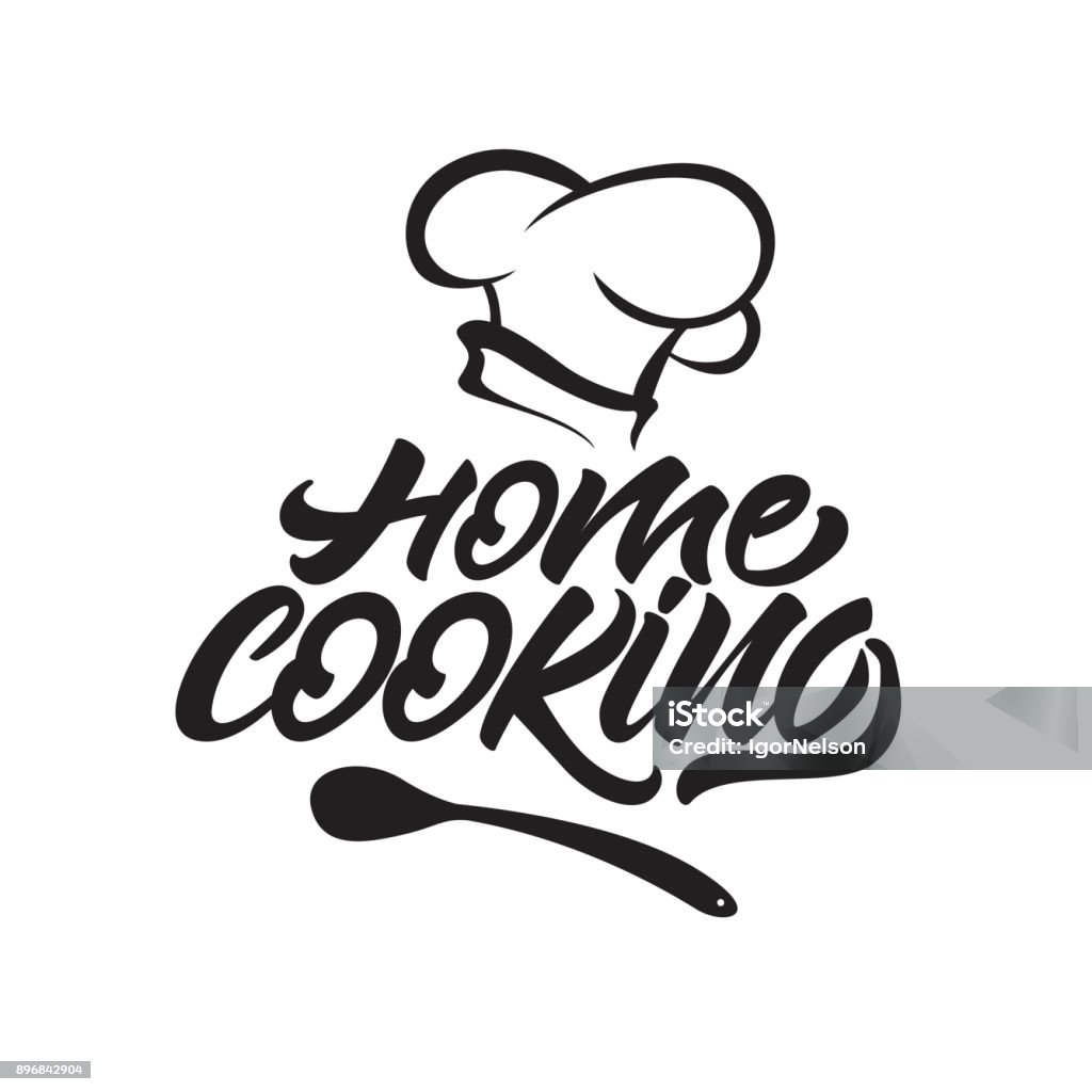Home cooking lettering icon with chef's hat . Vector illustration. Logo stock vector