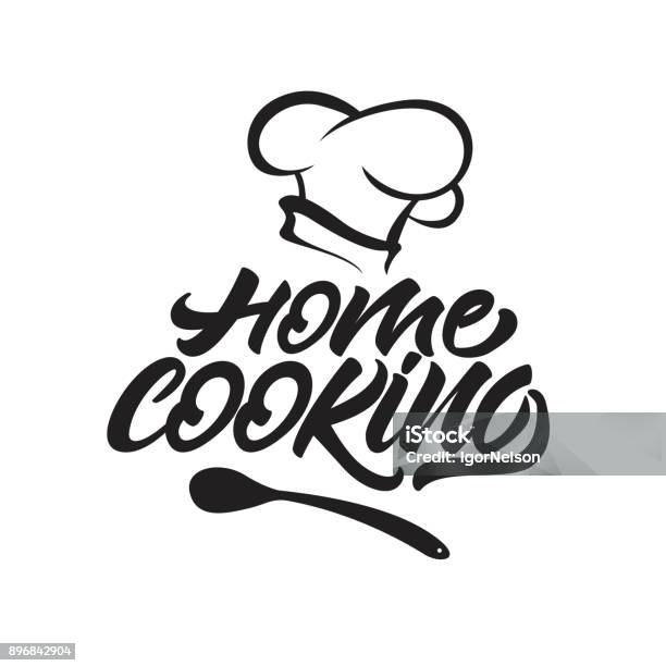 Home Cooking Lettering Icon With Chefs Hat Vector Illustration Stock Illustration - Download Image Now