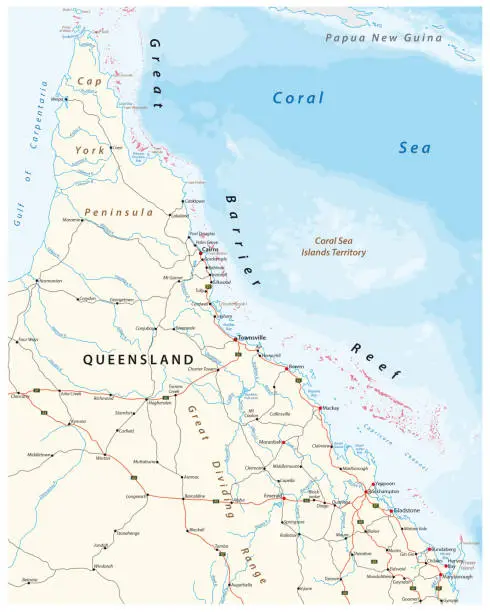Vector illustration of Road map of the cap york peninsula with the great barrier reef, Queensland, Australia