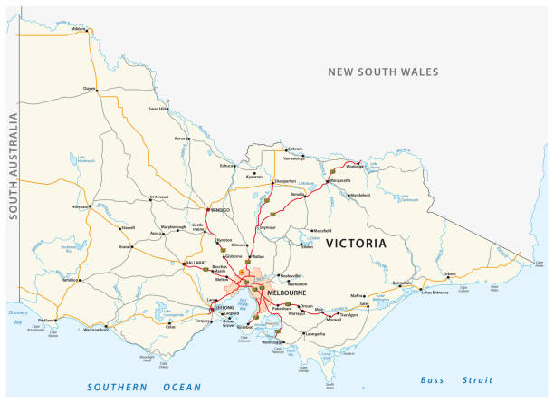 Road map of the australian state victoria Road vector map of the australian state victoria melbourne australia stock illustrations