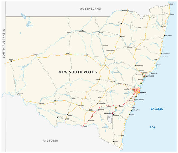 ilustrações de stock, clip art, desenhos animados e ícones de road map of the australian state new south wales map - new south wales