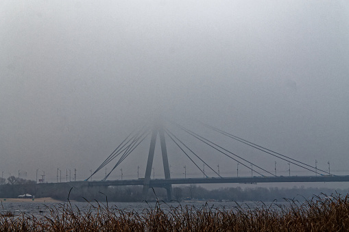 Stone bridge in rich fog, mist background